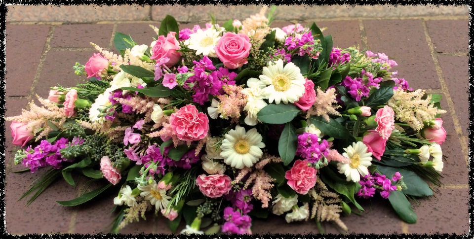 funeral flowers coffin top pink rose aqua